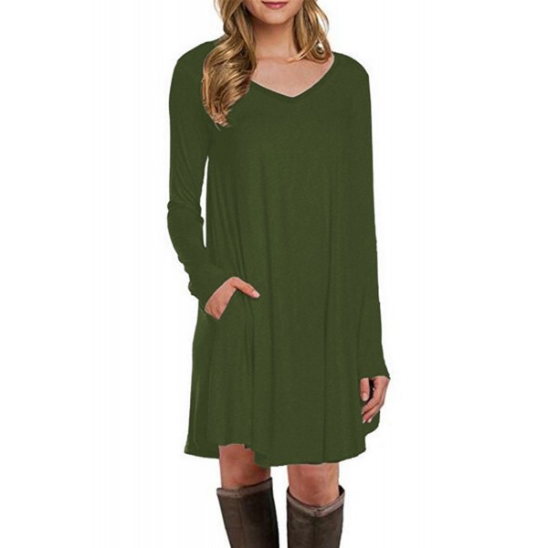 Green Long Sleeve Pocket Casual Loose T-shirt Dress