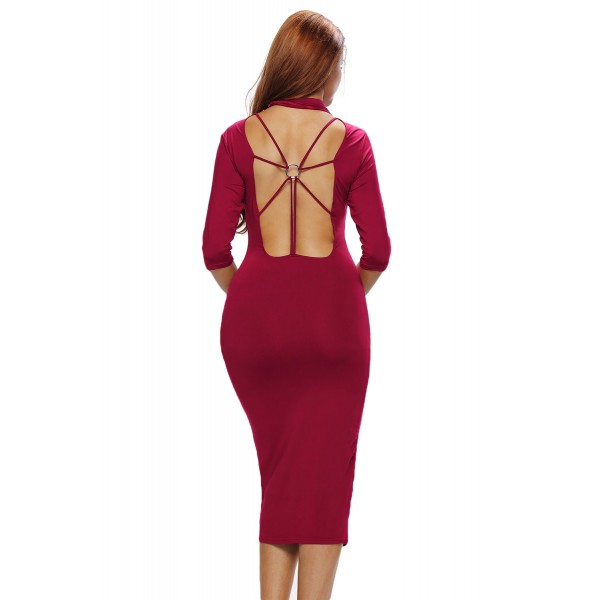 Burgundy Bodycon Mock Neck O-ring Accent Cut out Half Sleeve Midi Dress