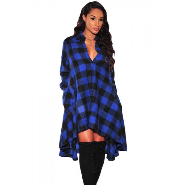 Blue Black Plaid Flared High Low Blouse Dress