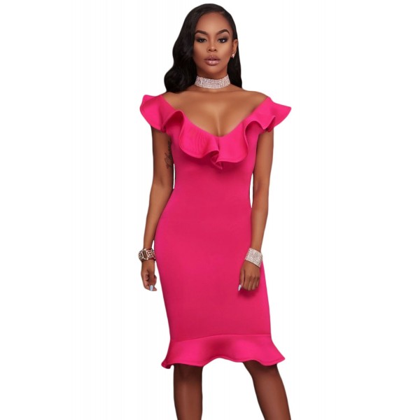 Rosy Ruffle Neckline Mermaid Hem Midi Dress