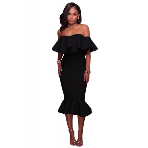 Black Ruffle Off Shoulder Mermaid Midi Party Dress