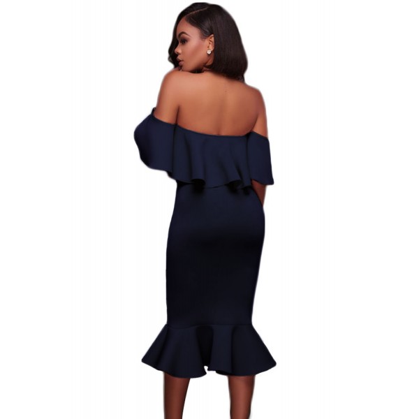 Blue Ruffle Off Shoulder Mermaid Midi Party Dress