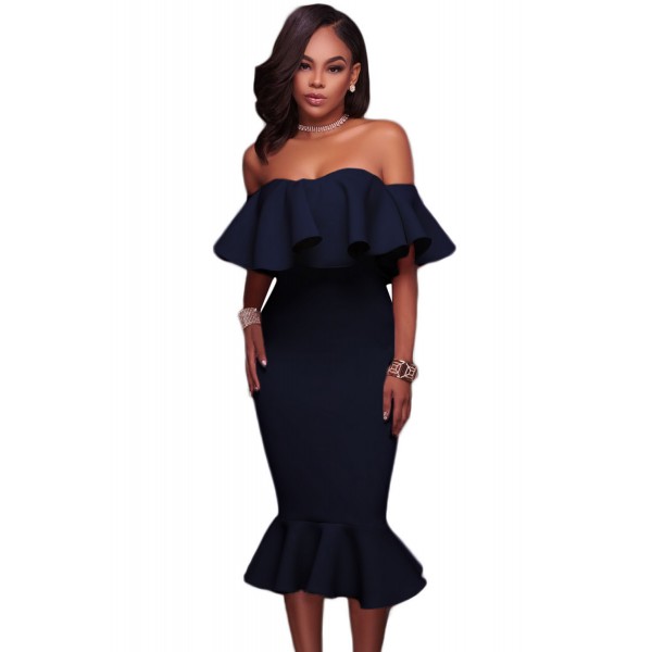 Blue Ruffle Off Shoulder Mermaid Midi Party Dress