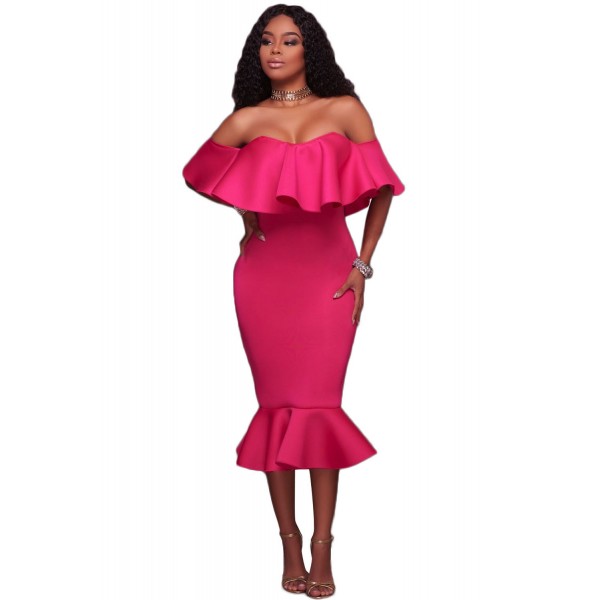 Rosy Ruffle Off Shoulder Mermaid Midi Party Dress