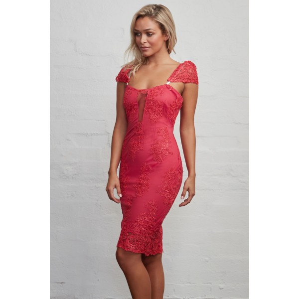 Pink Embroidered Cap Sleeves Bodycon Party Dress