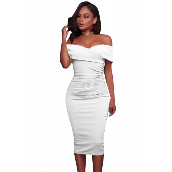 White Ruched Off Shoulder Bodycon Midi Dress