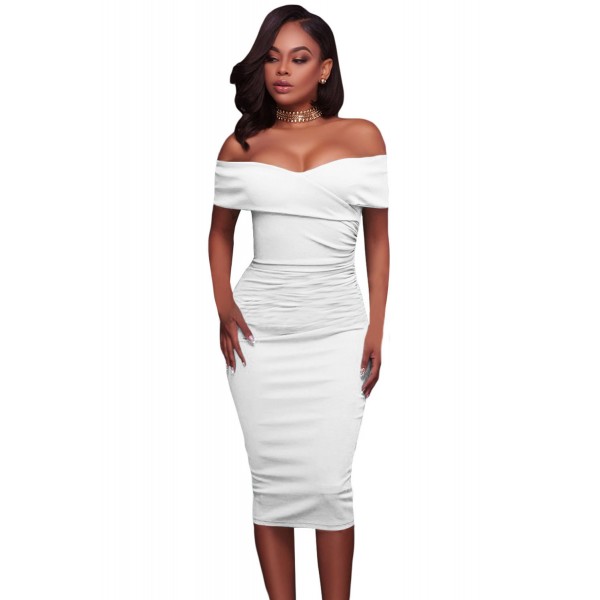 White Ruched Off Shoulder Bodycon Midi Dress
