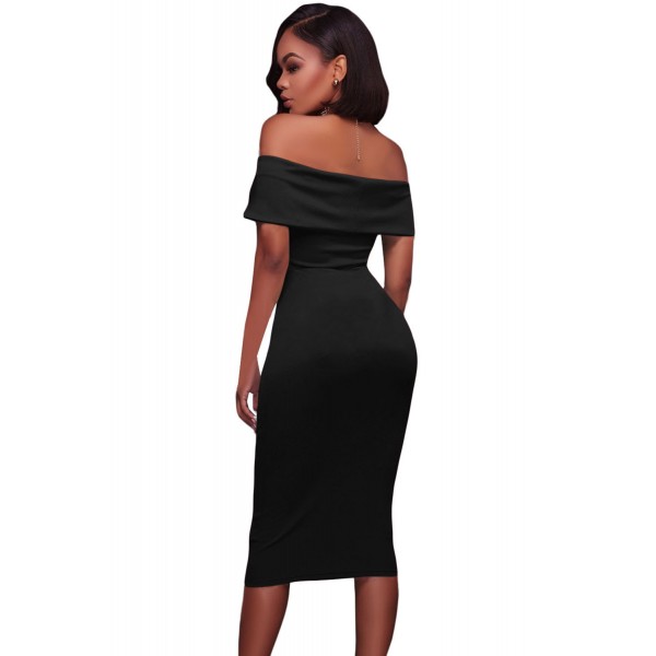 Black Ruched Off Shoulder Bodycon Midi Dress