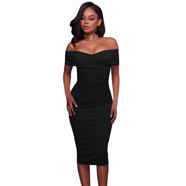 Black Ruched Off Shoulder Bodycon Midi Dress