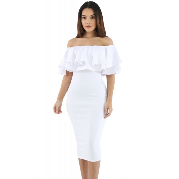 White Layered Ruffle Off Shoulder Midi Dress