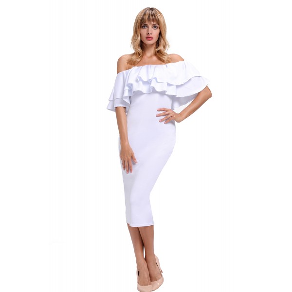 White Layered Ruffle Off Shoulder Midi Dress