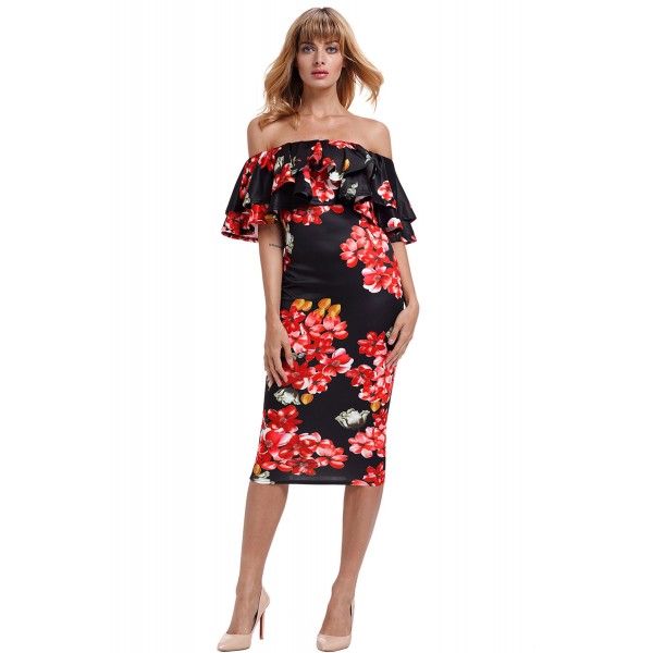 Black Red Floral Layered Ruffle Off Shoulder Midi Dress