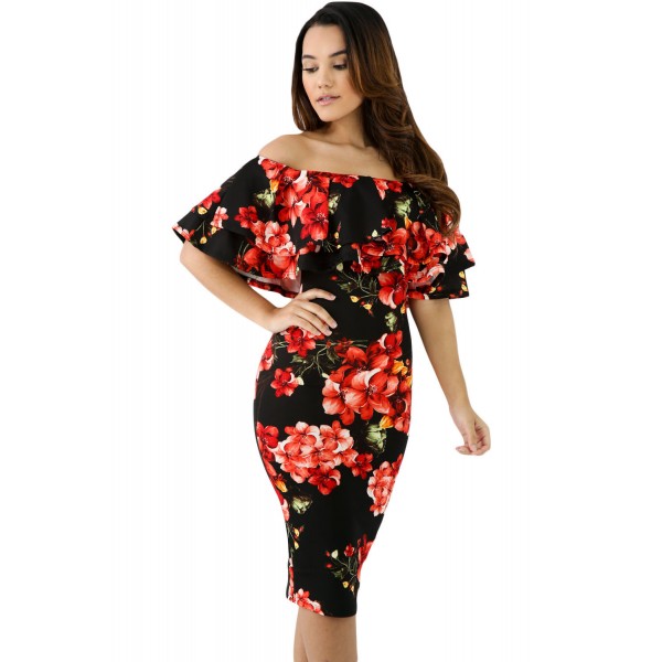 Black Red Floral Layered Ruffle Off Shoulder Midi Dress