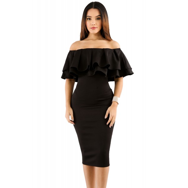 Black Layered Ruffle Off Shoulder Midi Dress