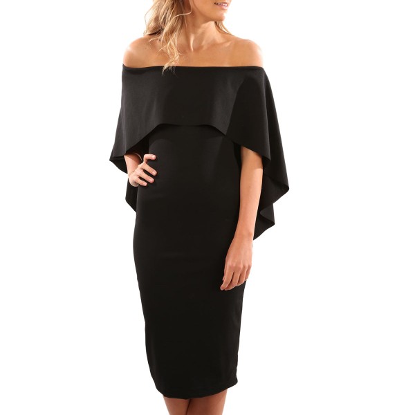 Black Luxurious Off Shoulder Batwing Cape Midi Poncho Dress