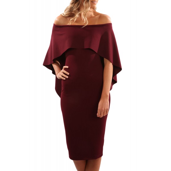 Wine Luxurious Off Shoulder Batwing Cape Midi Poncho Dress