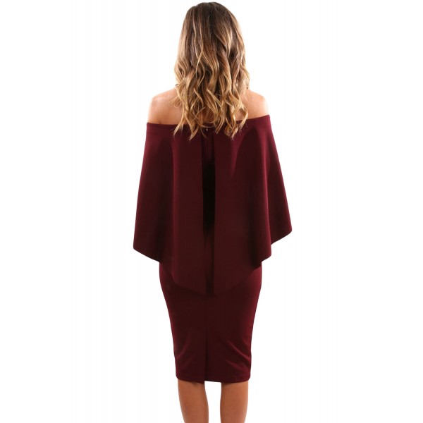 Wine Luxurious Off Shoulder Batwing Cape Midi Poncho Dress