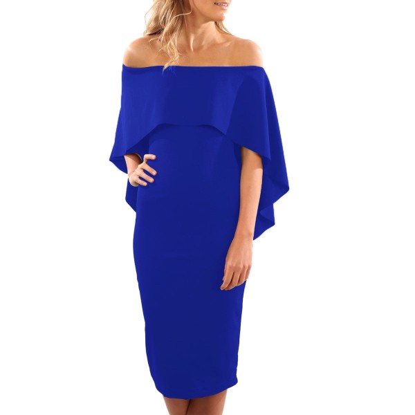 Royal Blue Luxurious Off Shoulder Batwing Cape Midi Poncho Dress