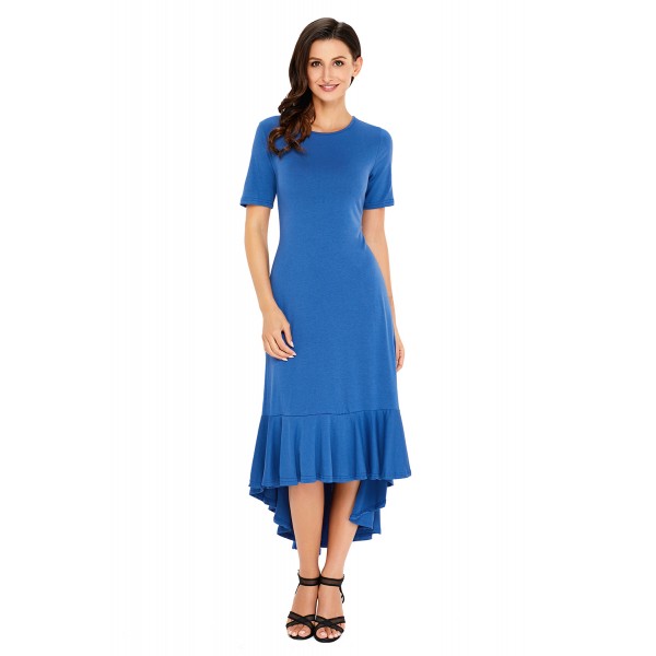 Slate Blue Flowy Ruffles Short Sleeve Casual Dress