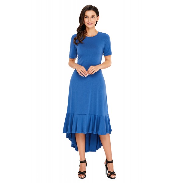 Slate Blue Flowy Ruffles Short Sleeve Casual Dress
