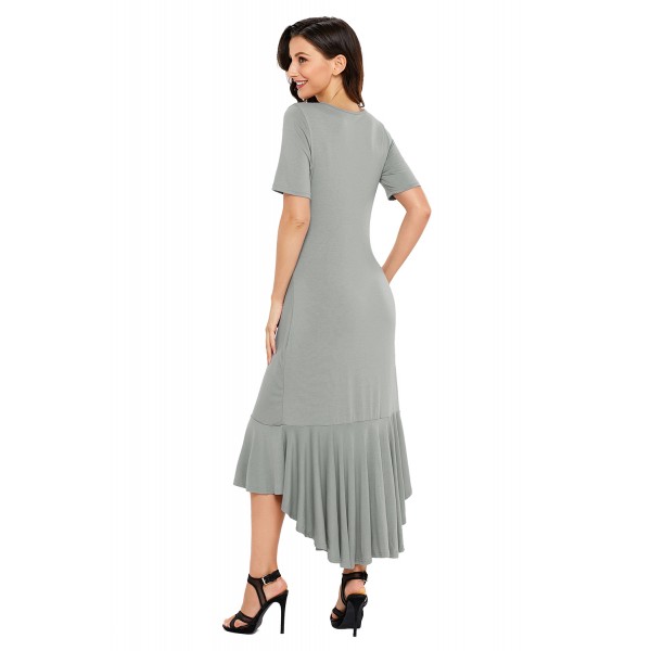 Grey Flowy Ruffles Short Sleeve Casual Dress
