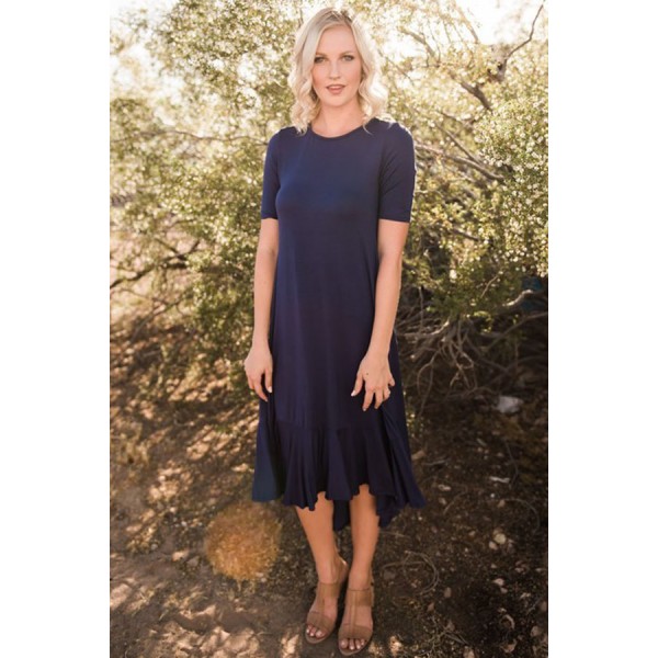 Navy Blue Flowy Ruffles Short Sleeve Casual Dress