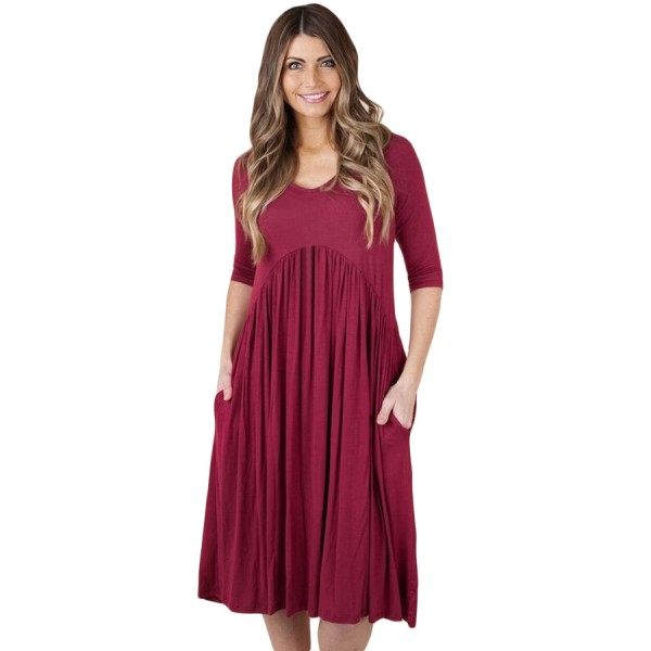 Wine 3/4 Sleeve Draped Swing Dress