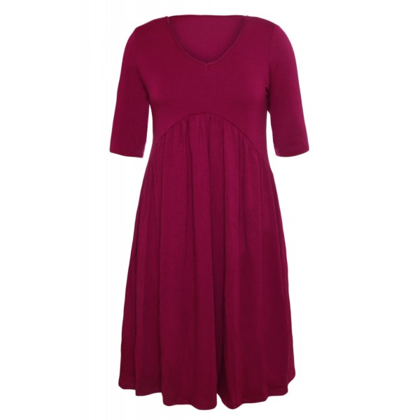 Wine 3/4 Sleeve Draped Swing Dress