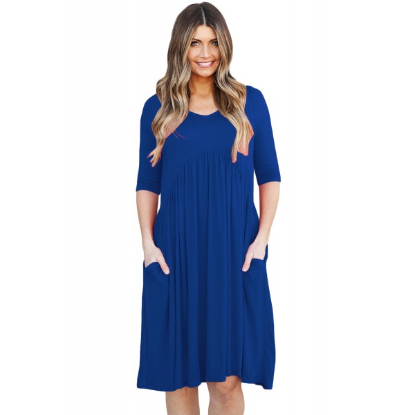 Blue 3/4 Sleeve Draped Swing Dress