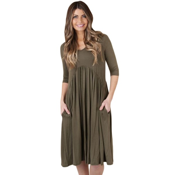 Army Green 3/4 Sleeve Draped Swing Dress