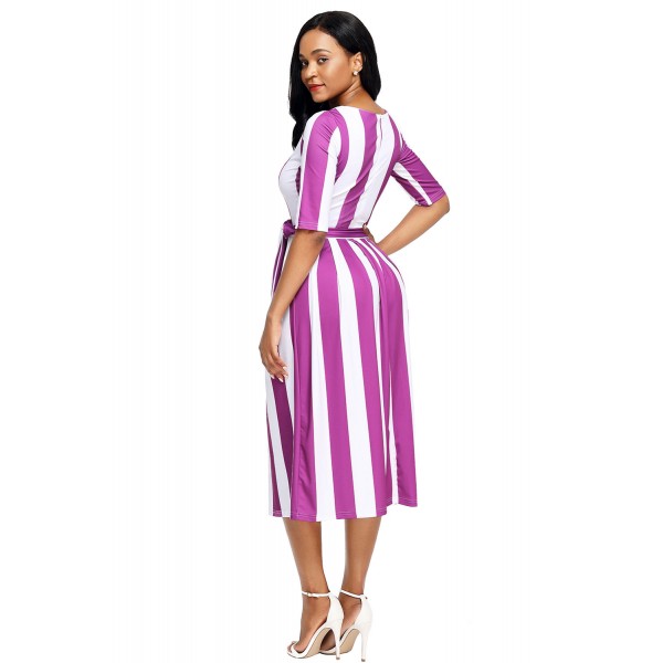 Purple Stripe Print Half Sleeve Belted Dress