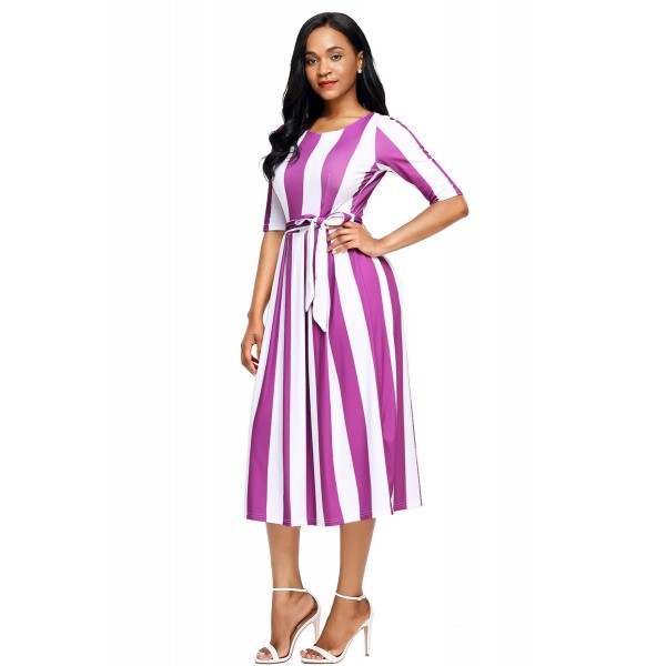 Purple Stripe Print Half Sleeve Belted Dress
