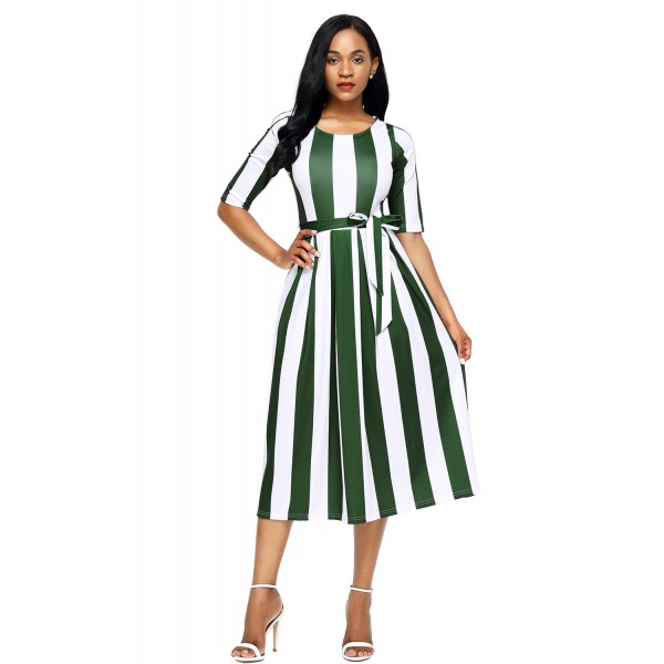 Olive Stripe Print Half Sleeve Belted Dress