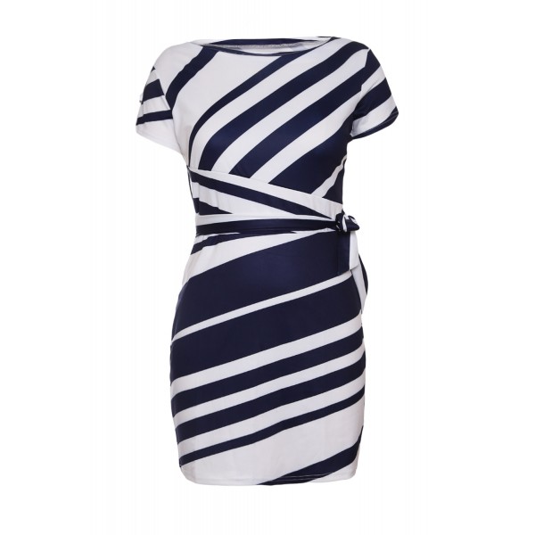 Navy White Stripe Knot Sheath Dress