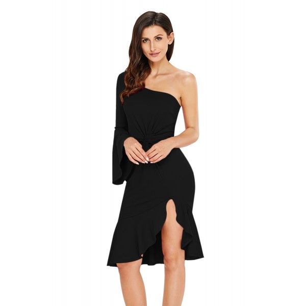 Black Twist and Ruffle Accent One Shoulder Prom Dress