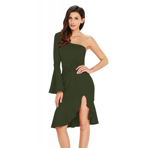 Green Twist and Ruffle Accent One Shoulder Prom Dress