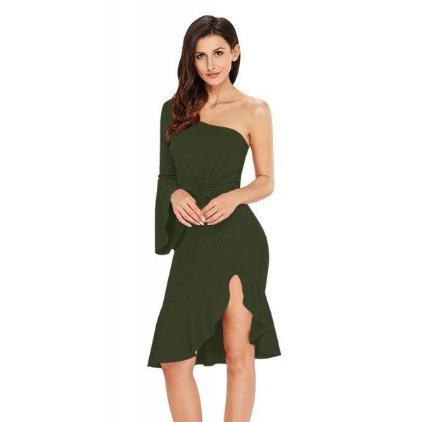 Green Twist and Ruffle Accent One Shoulder Prom Dress