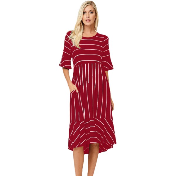 Burgundy White Striped Bell Sleeve Hi-low Midi Dress