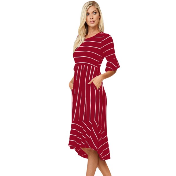 Burgundy White Striped Bell Sleeve Hi-low Midi Dress