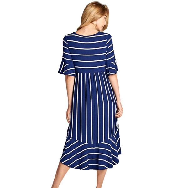 Navy White Striped Bell Sleeve Hi-low Midi Dress