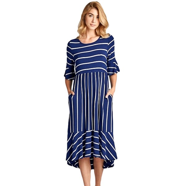 Navy White Striped Bell Sleeve Hi-low Midi Dress