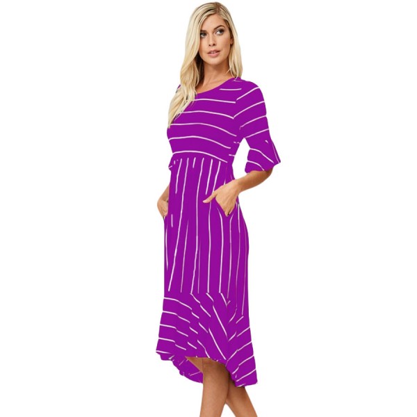 Purple White Striped Bell Sleeve Hi-low Midi Dress