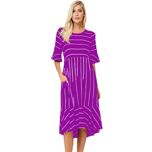 Purple White Striped Bell Sleeve Hi-low Midi Dress