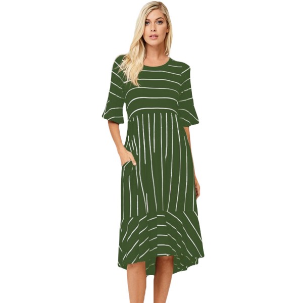 Green White Striped Bell Sleeve Hi-low Midi Dress