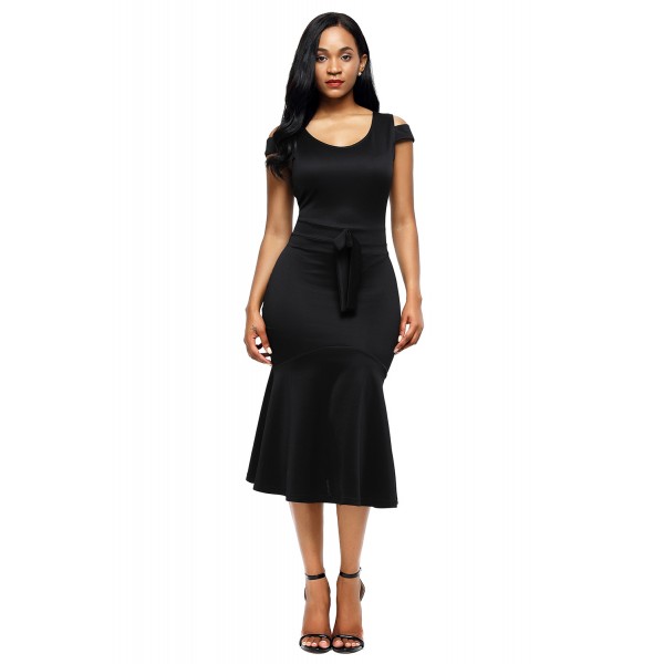 Black Cold Shoulder Bow Detail Mermaid Dress