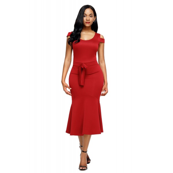 Burgundy Cold Shoulder Bow Detail Mermaid Dress