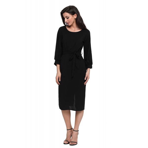 Black Puff Sleeve Belt Chiffon Pencil Dress
