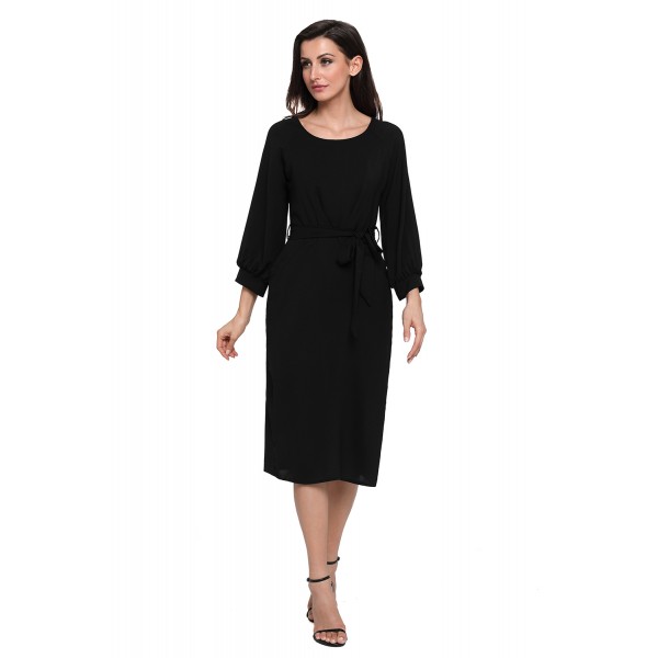 Black Puff Sleeve Belt Chiffon Pencil Dress