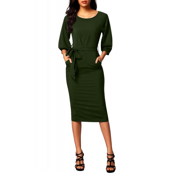 Army Green Puff Sleeve Belt Chiffon Pencil Dress