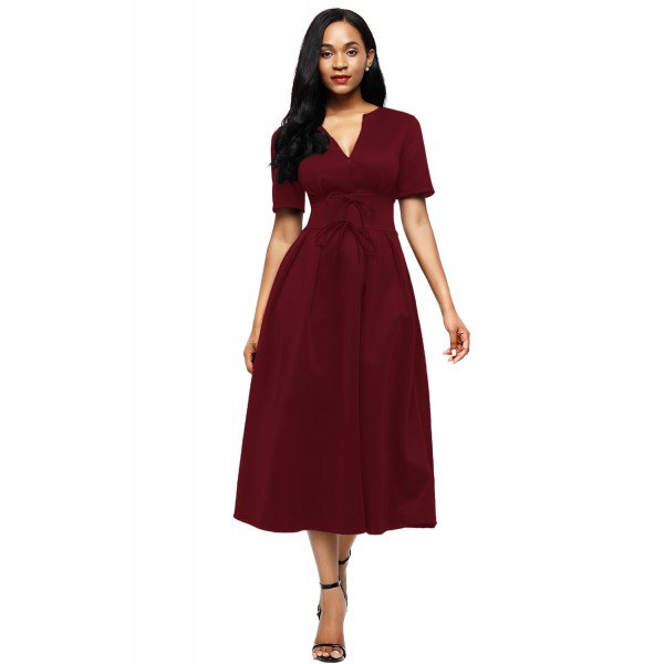 Claret Split Neck Short Sleeve Midi Dress with Bowknots